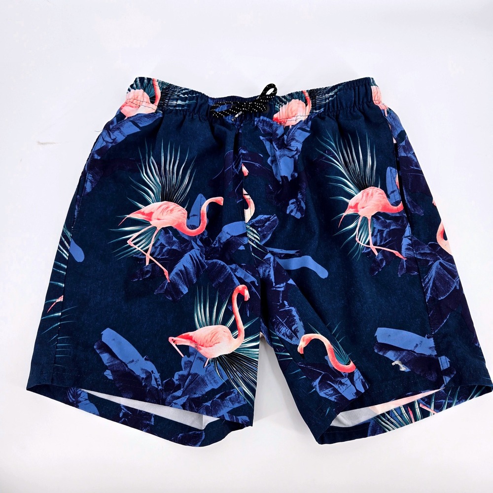 Ocean Current Flamingo Swim Shorts Small Navy Blue Tropical Pink Bird Print VGUC